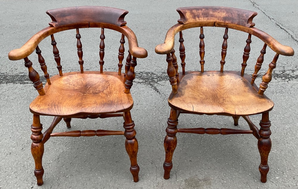 Pair Elm Victorian Smokers Bow Armchairs