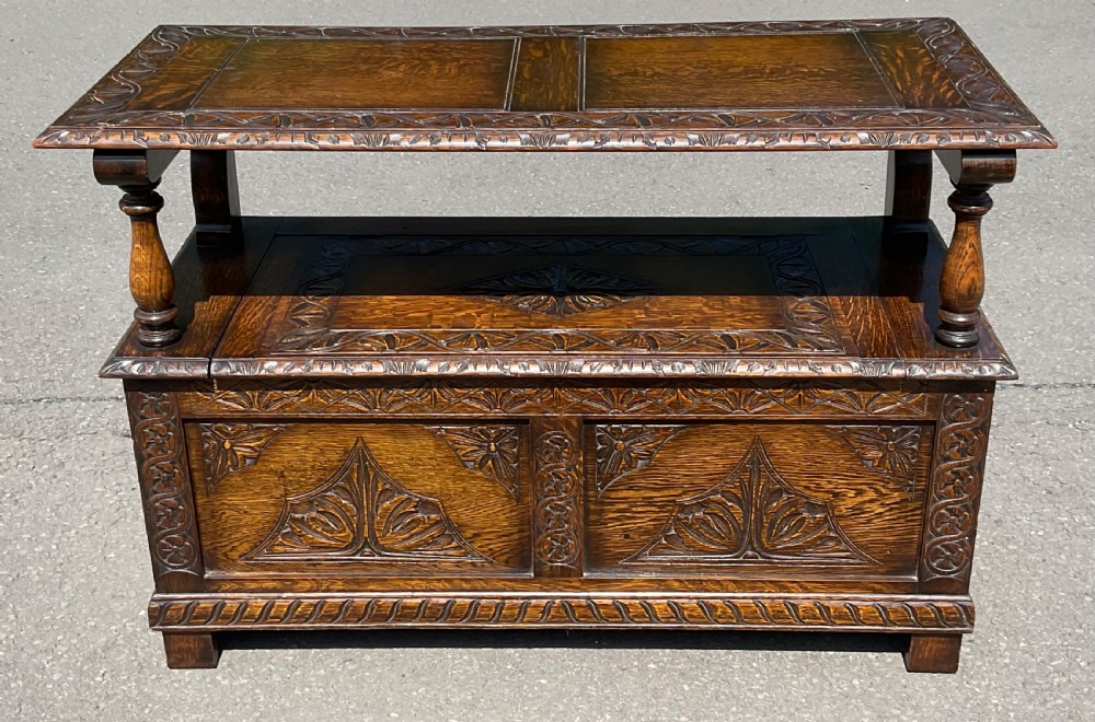 Carved Oak Monks Bench 