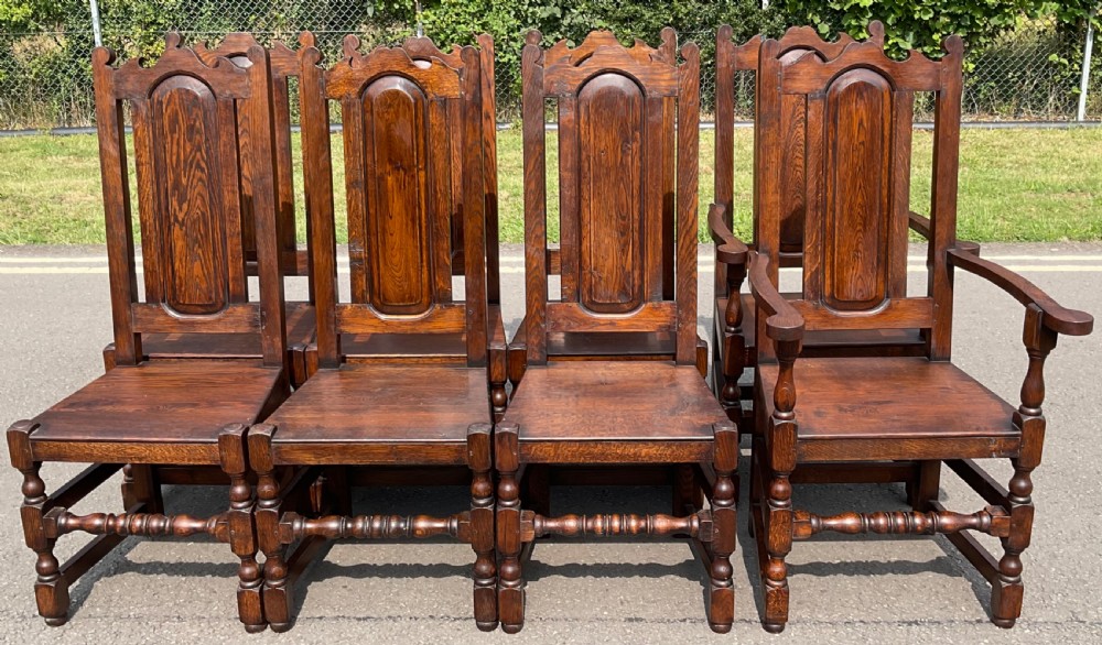 Set of Eight Tudor Style Oak Dining Chairs 