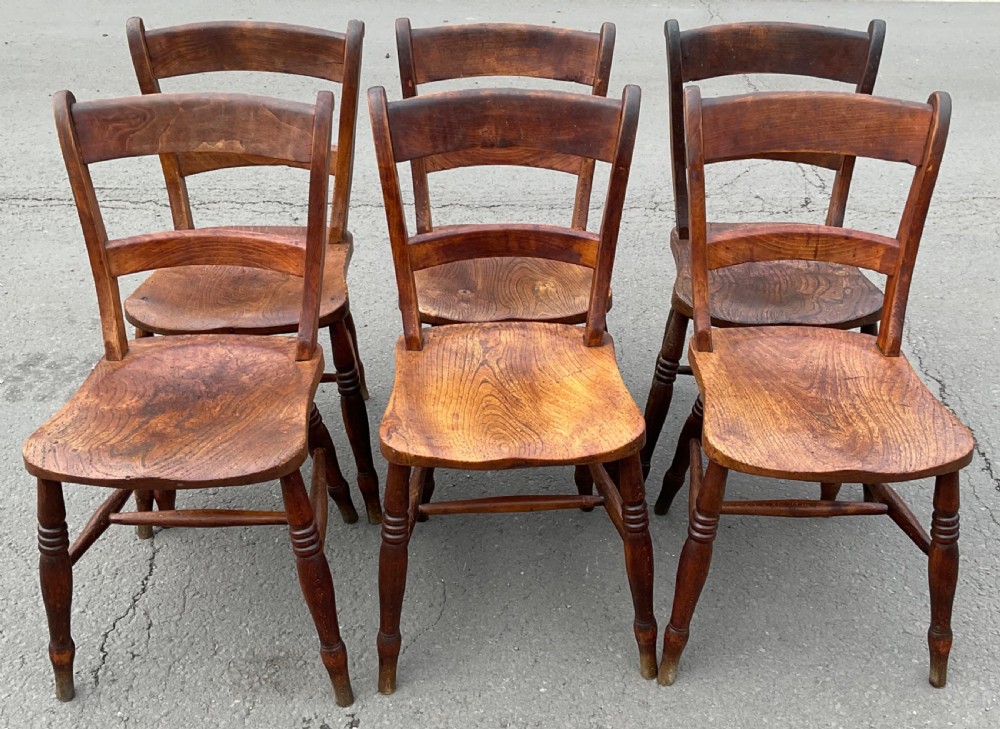 Set of Six Victorian Elm Seated Kitchen Chairs
