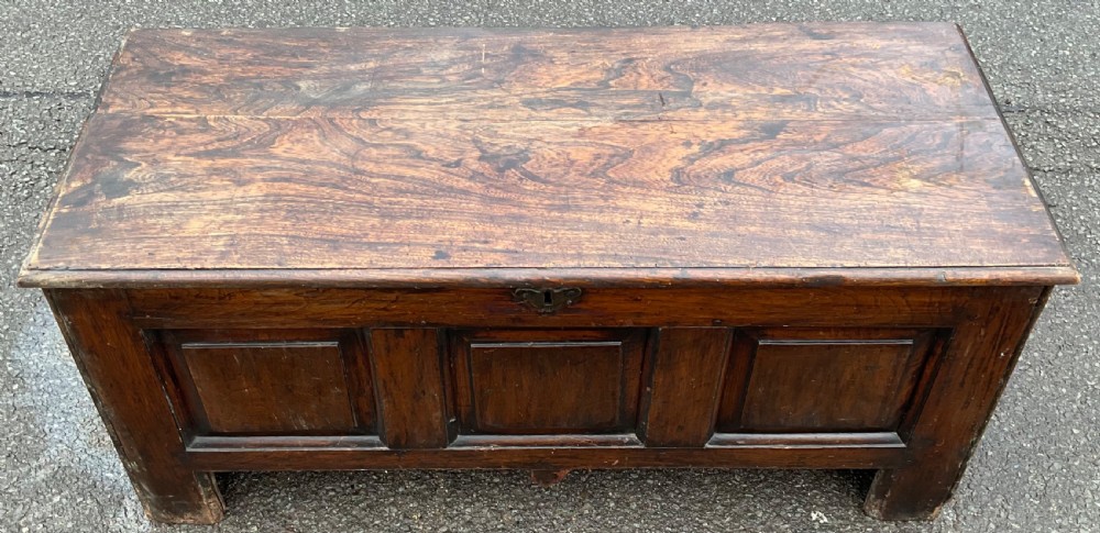 A dark oak antique blanket chest featuring three recessed front panels, a flat top hinged lid, and an iron escutcheon. View IV