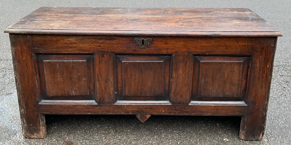 A dark oak antique blanket chest featuring three recessed front panels, a flat top hinged lid, and an iron escutcheon. View V