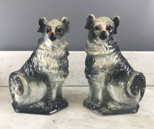 Pair of Scottish Boness Pottery Black & White  Spaniels Dogs of Staffordshire Dog Type