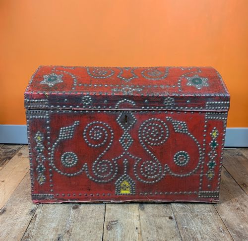 Antique Cloth Covered Carriage Trunk with Nailed Studded Decoration