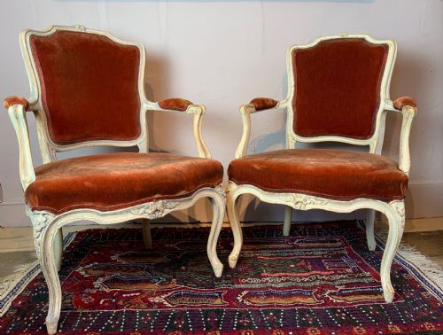Pair of Antique French Painted Fauteuils in Louis Xvi Style with Red Velvet Upholstery
