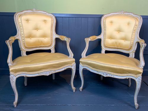 Pair of French Louis Xv Revival Fauteuil Armchairs with Painted Frames