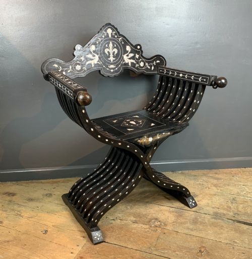 Antique Florentine Italian Ebonised & Inlaid Savonarola Chair