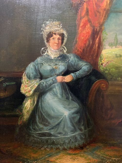 REGENCY FULL LENGTH PORTRAIT OF A LADY IN A BLUE BONNET INDISTINCTLY SIGNED AND DATED 1827 - ADDITIONAL PHOTO 1