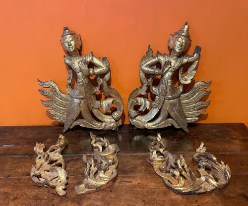 Asian Giltwood Carvings of Dancers and Flames