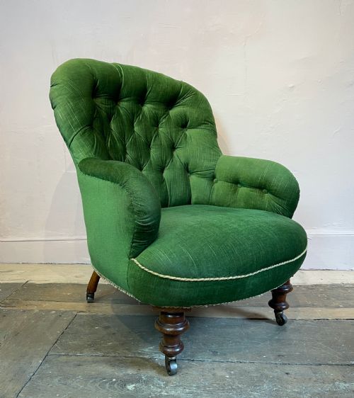 Victorian Button Back Armchair Upholstered in Green Velvet