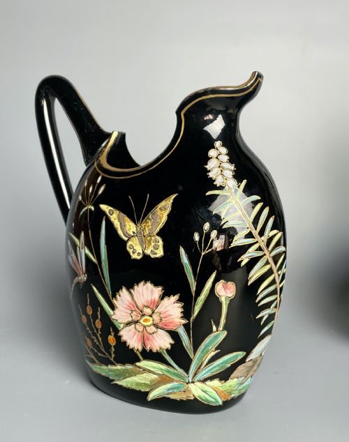 Victorian Dudson Pottery Jackfield Jug Painted with Butterflies