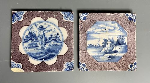 Two Delft Blue & White Powder Manganese Ground Tiles Circa 1740