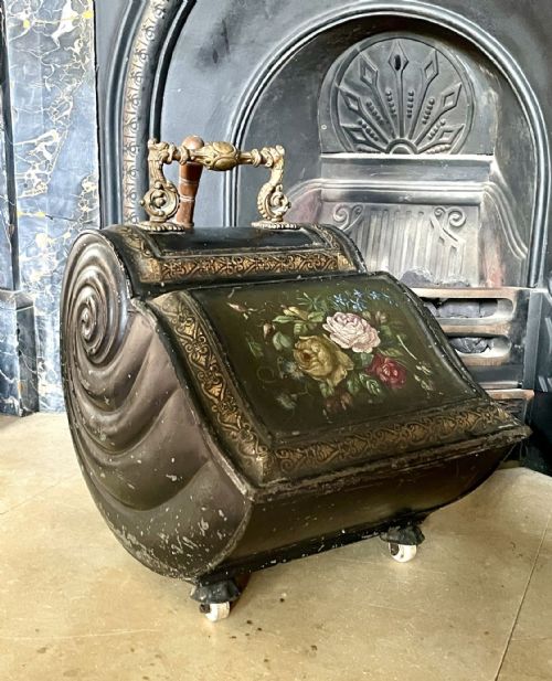 Victorian Hand Painted Toleware Purdonium Coal Scuttle of Nautilus Shell Form