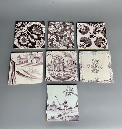 Seven Various 18th Century Delft Manganese Tiles