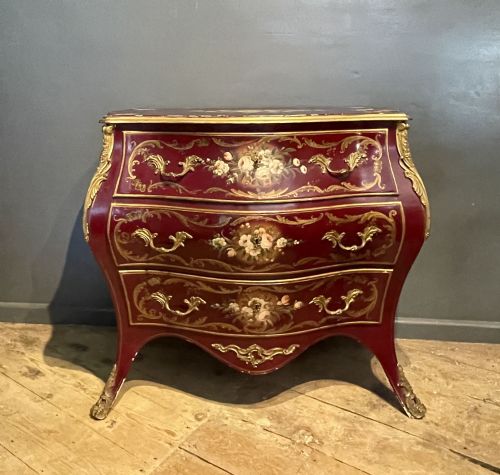 Italian Painted Gilt Metal Mounted Bombe Commode