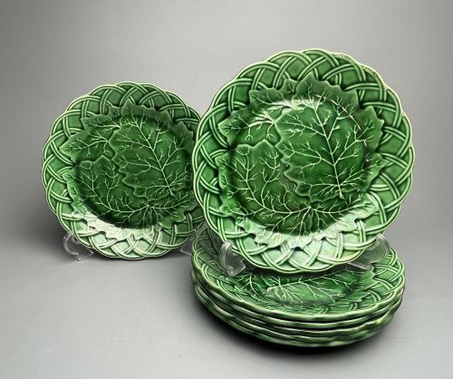 Seven Victorian Green Majolica Leaf Basket Weave Plates