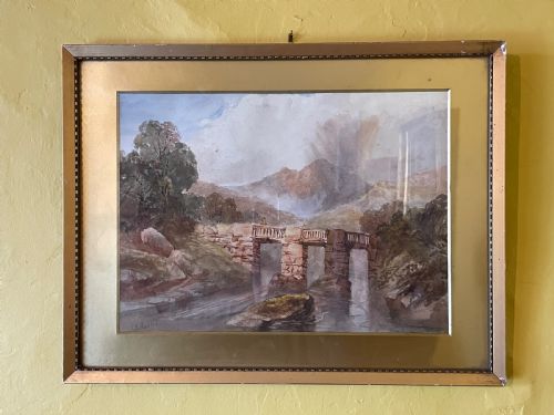 Herbert Kerr Rooke, Watercolour of a Bridge in a Mountaious River Landscape