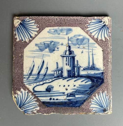 English Lambeth Delft Powdered Manganese Ground Tile Circa 1740