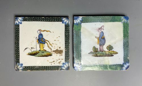 Two Bristol Delft Polychrome Chinoiserie Tiles with Fish Roe Borders