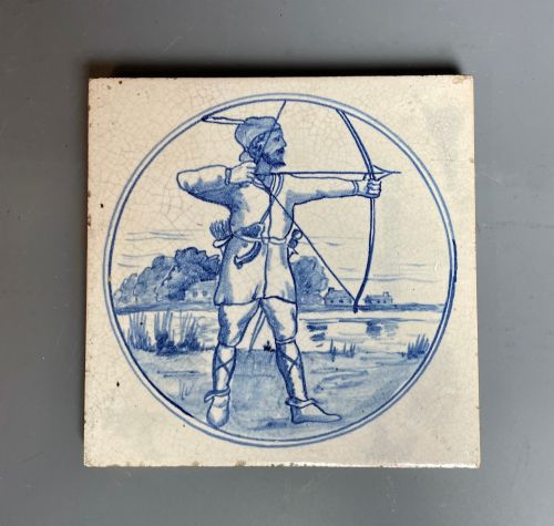 Victorian Blue & White Tile of an Archer