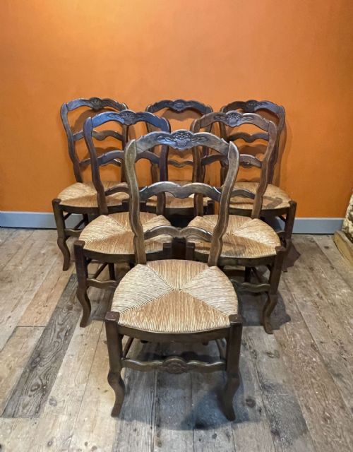 Set of Six French Oak Rush Seated Kitchen Chairs