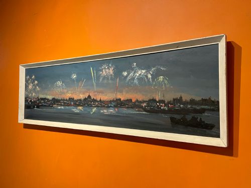 Leonard Kingswood Panorama of Fireworks Over the River Thames, London, Oil on Board