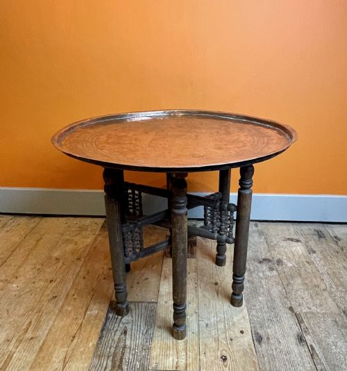 Antique Middle Eastern Engraved Copper Tray Table