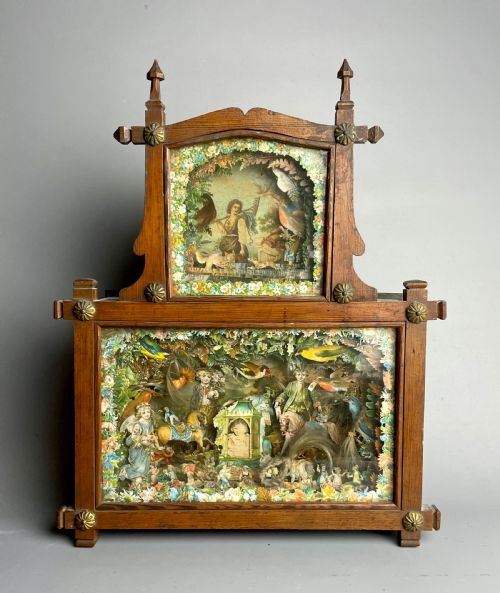 Victorian Scrapwork and Hair in Memoriam Diorama Within a Glazed Oak Box Frame