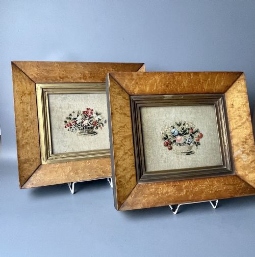 Pair of Victorian Floral Needlework Pictures with Burr Maple Frames
