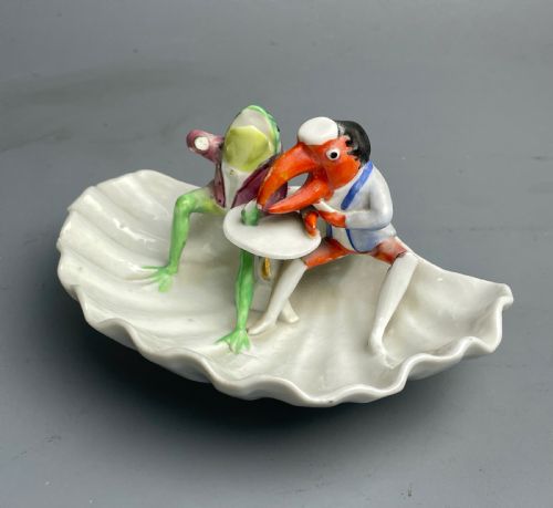 Continental Novelty Porcelain Dish of a Frog and a Lobster in Costume Fairing