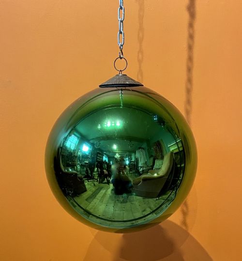 Very Large Antique French Green Mercury Glass Witches Ball Vergo Glass