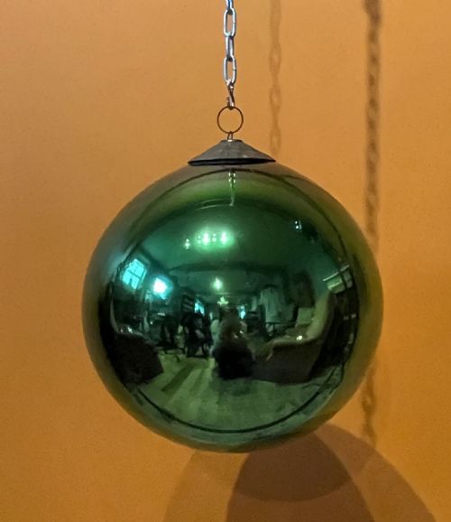 fig 1. Very Large Antique French Green Mercury Glass Witches Ball Vergo Glass