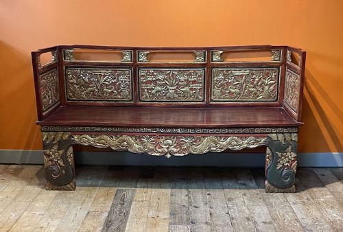 Antique Chinese Carved & Gilded, Red Lacquered Opium Bench