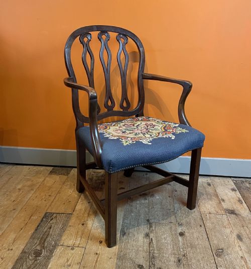 Georgian Mahogany Open Armchair with Woolwork Seat