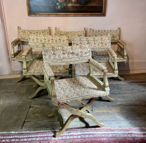 Set of Six Unusual Venetian Painted & Gilded Folding X Frame Chairs
