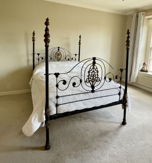 Antique French Wrought Iron & Brass Four Poster Double Bed