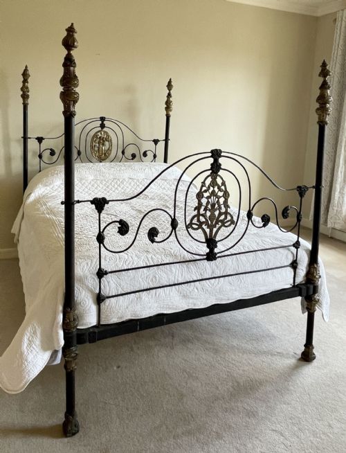 fig 1. Antique French Wrought Iron & Brass Four Poster Double Bed