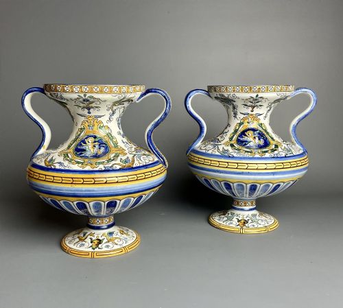 Pair of Gien, France, Faience Pottery Twin Handle Vases