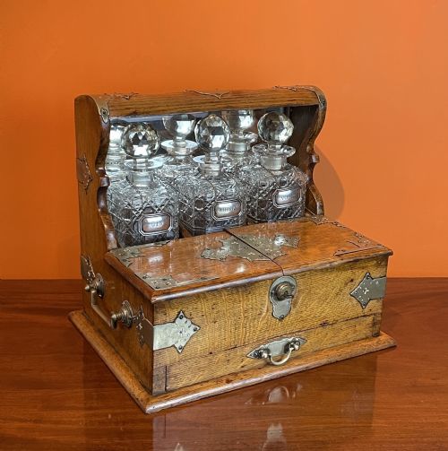 Victorian Oak Tantalus Games Compendium with Cut Glass Decanters
