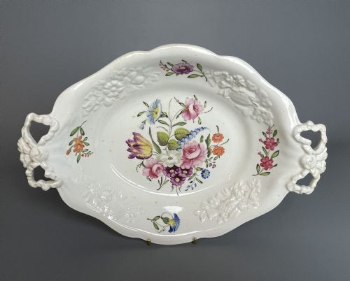 Early Victorian Flower Painted Twin Handled Porcelain Dish