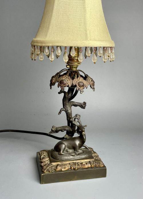 Small French Bronze Table Lamp with a Recumbent Deer