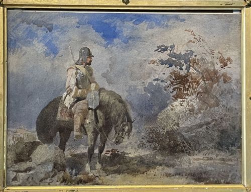 19TH CENTURY WATERCOLOUR OF A ROUNDHEAD ON HORSEBACK - ADDITIONAL PHOTO 1