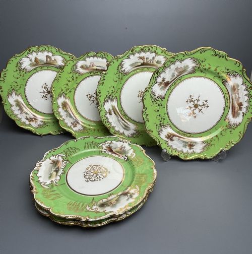 Six Victorian Porcelain Dessert Plates Painted with Landscape Scenes