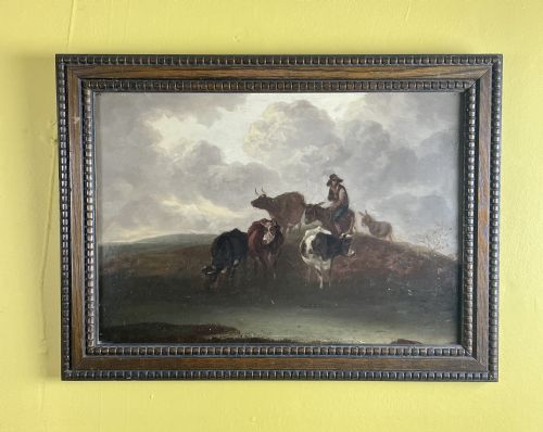 19th Century Dutch School Oil on Panel of Drovers with Cattle