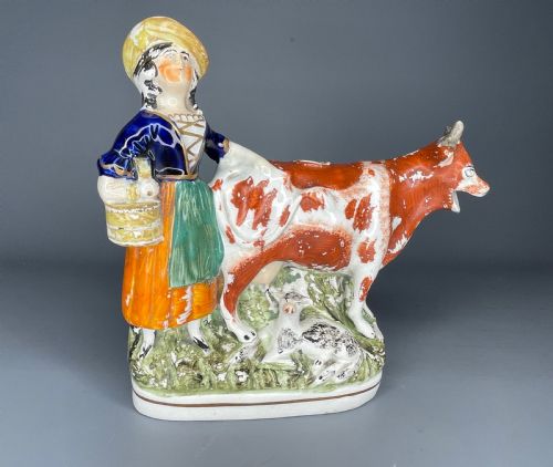 Victorian Staffordshire Pottery Milkmaid Cow Creamer
