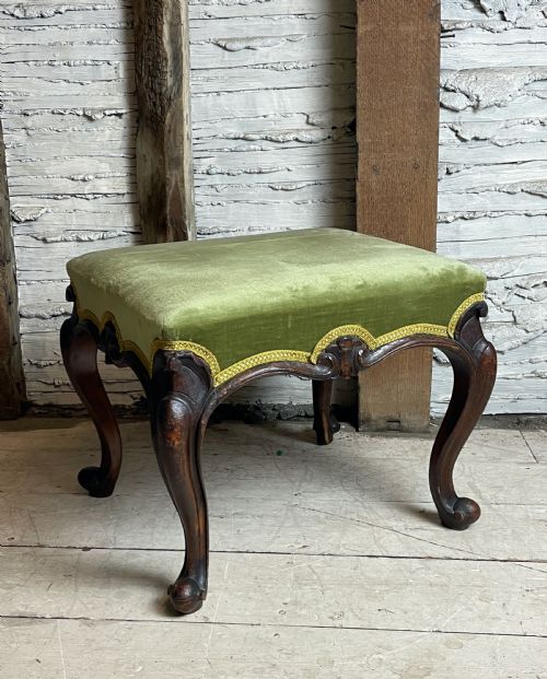Victorian Green Velvet Upholstered Mahogany Stool