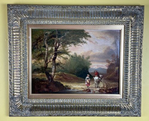 19th Century Oil Painting of Travellers on a Woodland Path