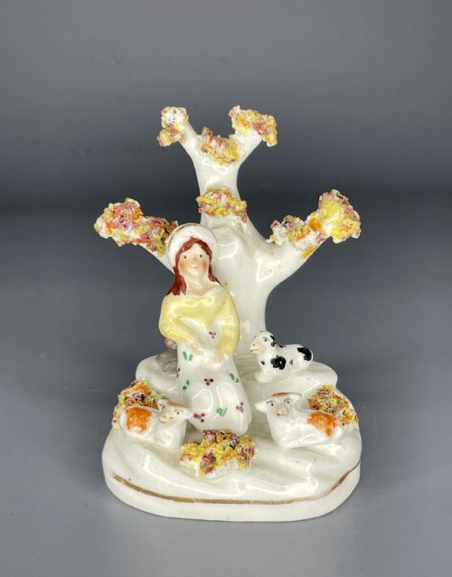 Staffordshire Porcelain Figure of a Shepherdess with Her Dog & Sheep C1840