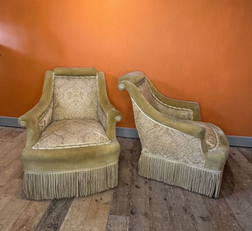 Pair of Antique French Scroll Back Armchairs
