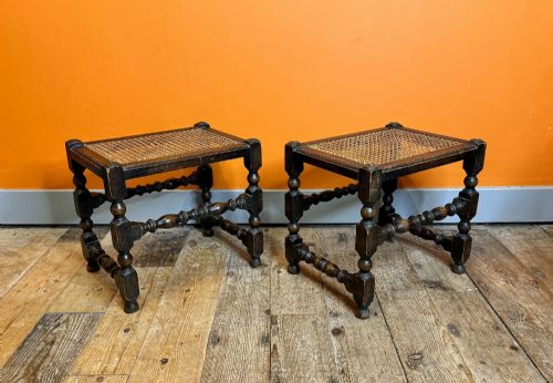 Pair of Oak Bobbin Turned Stools with Cane Seats